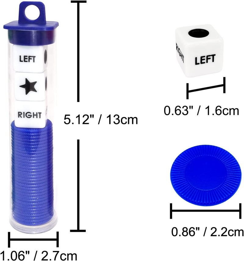 Ahoper Right Left Center Dice Game Prime Set Bundle with 3 Dices + 30 Chips. Round Tube Storage is Very Convenient for Travel. Easy to Store, Carry Around. (Blue 5 Pack) - Image 5